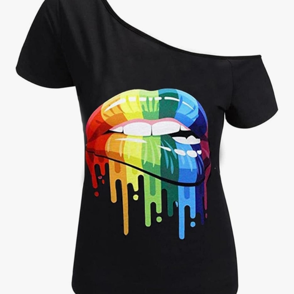 Black Off-Shoulder Top with Colorful Lip Print